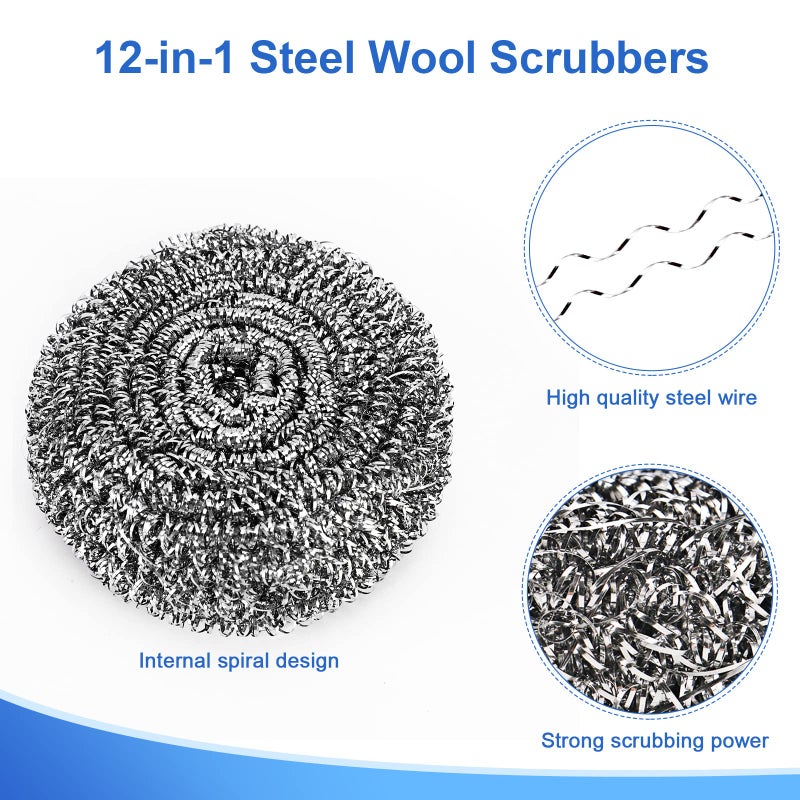 ovwo 12Pack Upgraded Steel Wool Scrubbers - Premium Stainless Steel Scrubber, Metal Scouring Pads, Steel Wool Pads, Kitchen Cleaner, Heavy Duty Cleaning Supplies - Especially for Tough Cleaning - Image 2